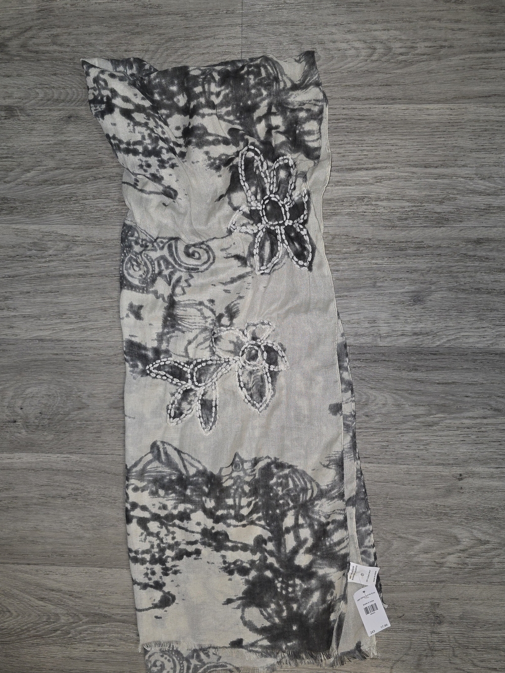 Gray & Black Floral Embroidered Scarf